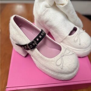 Sugar Thrillz White Platform Shoes with Black Strap and White Legwarmers